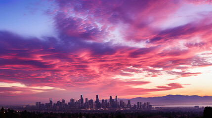 Wall Mural - The sky above the city is painted in pastel shades of orange, pink and purple, when the sun sit