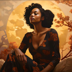 Wall Mural - Illustration of a black woman in an elegant dress against the background of a big moon. World Women's Day.