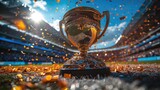 Fototapeta Fototapety sport - Trophy on Sports Field: A winner trophy is positioned on the sidelines of a sports field or arena, capturing the excitement and intensity of competition in the athletic world 