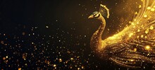 Glittering Golden Jewelry Peacock Made Of Gold, On Dark Backdrop. Wide Banner With Copy Space. Concept Of Luxury Design, Opulence, Wealth, Elegant Graphics, Ornamental Artwork, And Digital Art.