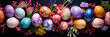 Top view of colorful Easter eggs with flower decoration on black background. Multicolor painted eggs banner. Generative AI.