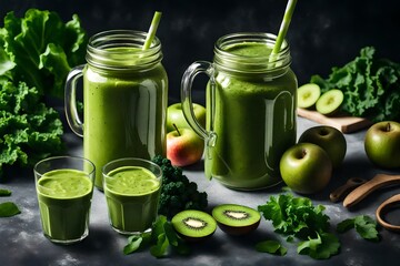 Sticker - Glass jar mugs with green health smoothie, kale leaves, lime, apple, kiwi, grapes, banana, avocado, lettuce. Copy space. Raw, vegan, vegetarian, alkaline food concept. Banner