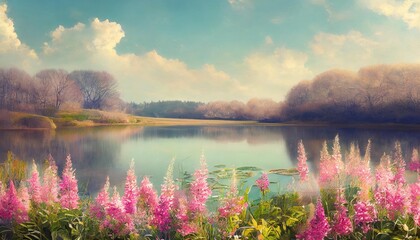 Wall Mural - dreamy surreal landscape lake vegetation and flowers pastel colours desaturated digital illustration