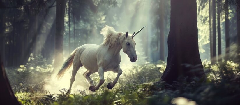 beautiful white unicorn running in the forest