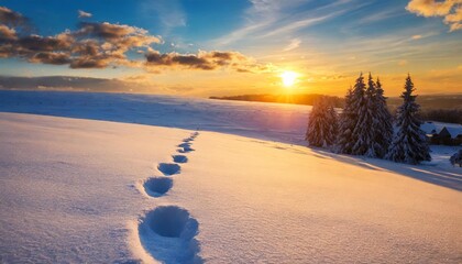 Wall Mural - footprints in the freshly fallen snow beautiful sunset light