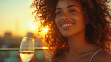 Wall Mural - Young beautiful girl with a glass of white wine