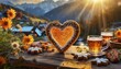Bayerische Brezeln mit Bierkrug auf altem rustikalen Holzhintergrund Bierkrug mit Weizen und Hopfen im Keller mit Fass Oktoberfest-Speisekarte