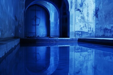 old blue door that leads to an old blue pool