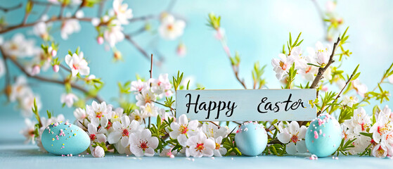 Handwriting in Aqua font Happy Easter sign with flowers and Easter eggs