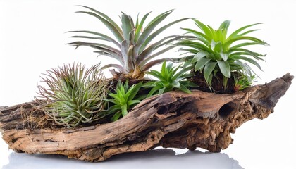 Wall Mural - tillandsia plants on the old tree root wood isolated on white background