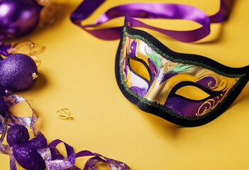 Festive colorful mardi gras or carnivale mask and accessories over yellow background Party invitatio