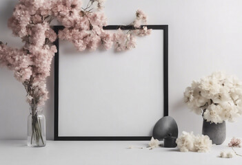 Poster frame mockup front view with decor elements flowers and blank copy space over the white wall