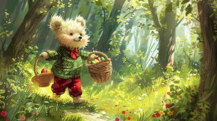 Wall Mural - A painting of a teddy bear carrying a basket