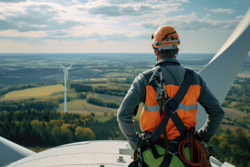 A technician in high-visibility gear oversees a wind turbine farm from atop a turbine with a scenic landscape in the background.