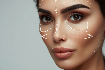 Close-up of a woman's face with virtual augmentation lines mapping facial features for beauty or medical purposes.