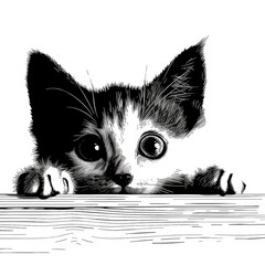 Wall Mural - A black and white drawing of a kitten peeking over a table