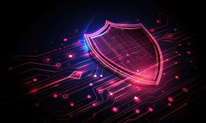 A shield symbol on a dark technology background