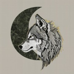 Wall Mural - A drawing of a wolf with a half moon in the background, embroidery on white background