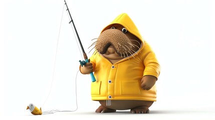 Wall Mural - A delightful 3D rendering of a cute walrus donning a vibrant yellow raincoat, equipped with a fishing rod, and ready for a day of fishing. The walrus exudes charm with its endearing smile an