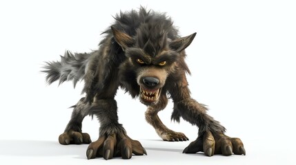 Wall Mural - Adorable 3D werewolf character with a cute smile, standing on a white background. Perfect for Halloween designs and children's projects.