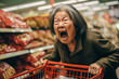 Angry old asian woman in the supermarket	