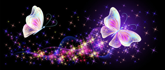 Wall Mural - Flying delightful butterflies with sparkle and blazing trail flying in night sky among shiny glowing stars in cosmic space. Love and romance concept.