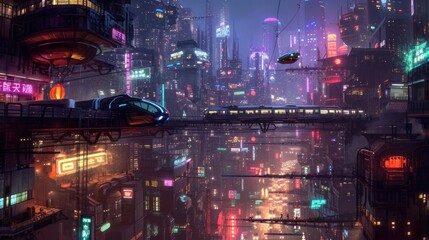 Futuristic city glows with soft hues, complemented by the sleek design of hovering vehicles above the vibrant skyline. Resplendent.