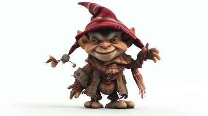 Wall Mural - Adorable 3D hobgoblin with a mischievous smile, standing on a pristine white background ready to add charm to your projects.