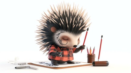 Wall Mural - A delightful 3D porcupine, with an adorable demeanor, showcasing its artistic skills as a talented tattoo artist. This charming creature brings a playful and unique perspective to the world