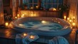 Relax in luxury with this inviting bathtub filled with warm water and bathed in the soft glow of flickering candles. Escape the stresses of the day and indulge in pure tranquility in this be