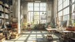 An inspiring industrial loft work studio awash in natural light, showcasing a multitude of captivating creative projects.