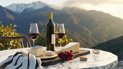 A picturesque scene unfolds on a table adorned with two glasses of wine and a selection of cheese, set against the backdrop of majestic mountains, evoking a sense of tranquility and indulgence