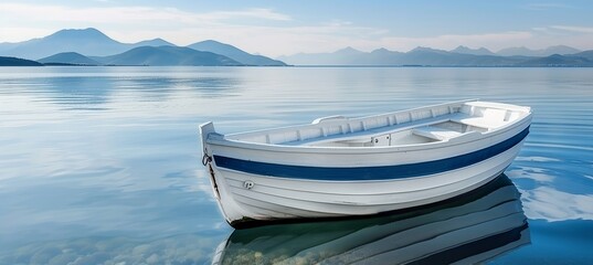 Wall Mural - Tranquil boat on calm sea waters near beachline in monochromatic pastel colors with copy space