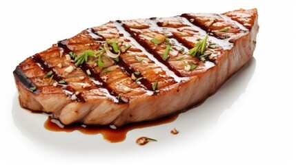 Canvas Print - Close-up realistic photo of a marinated tuna steak against a white background Generative AI