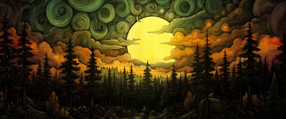 Wall Mural - orange and green background with dark pine trees forest in foreground huge yellow moon in backdrop swirling clouds glowing light imaginary drawing magic dream fantasy fairy tale vintage landscape