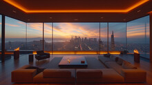 Modern Apartment With View Of San Francisco Cityscape At Sunset. AI