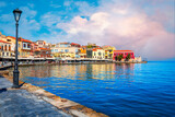 Fototapeta Miasto - Chania, Greece: Old Venetian harbour of Chania on Crete, Greece early in the morning