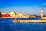 Fototapeta Morze - Chania, Greece: Old Venetian harbour of Chania on Crete, Greece