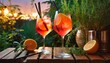 Ramazzotti Cocktail sobre una mesa de madera, decorada con naranjas, rodeado de plantas en un ambiente calido