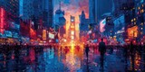 Fototapeta Nowy Jork - impasto painting, A city at night comes to life with people bustling about, each holding umbrellas to shield themselves from the rain. The vibrant city lights reflect off the wet pavement, creating a 