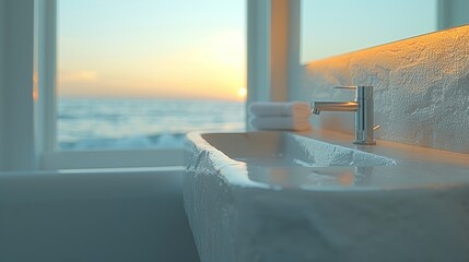 Wall Mural - A bathroom sink made of ceramic with a silver faucet sits next to a window with white curtains. The sink is empty, and the window is letting in natural light