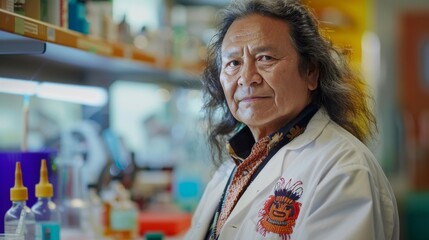 Aufkleber - A man in a lab coat stands in an indoor space, his face reflecting determination as he holds a bottle and is approached by a woman, alluding to the complexities of human nature and the potential for 