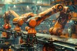 A group of robots equipped with advanced technology are efficiently working together on a bustling conveyor belt, processing, assembling, and transporting various items in a synchronized manner