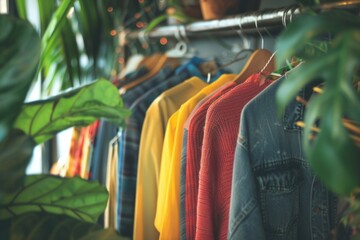 A variety of colorful shirts hang neatly on a metal rack, creating a visually pleasing display of fashionable clothing in a sustainable fashion setting