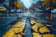 Wet Street With Yellow Line