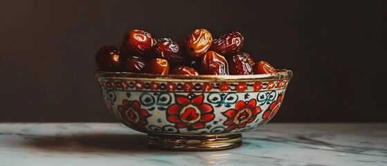 Dates fruit arranged in a decorative bowl, a traditional symbol of hospitality and generosity during Ramadan