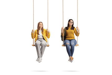 Sticker - Female student and a teenage girl sitting on wooden swings