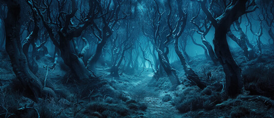 Wall Mural - Dark scary creepy woods, path in spooky fairy tale forest at night. Landscape with dry trees and blue mystic light. Concept of fantasy, horror, haunted enchanted nature, background.