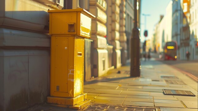 large clean yellow british mailbox, yellow, outdoor mailbox, clean london background, bright daylight,