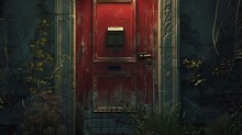 Send A Letter To The Mailbox At The Door. Old Red Door With An Old Mailbox.